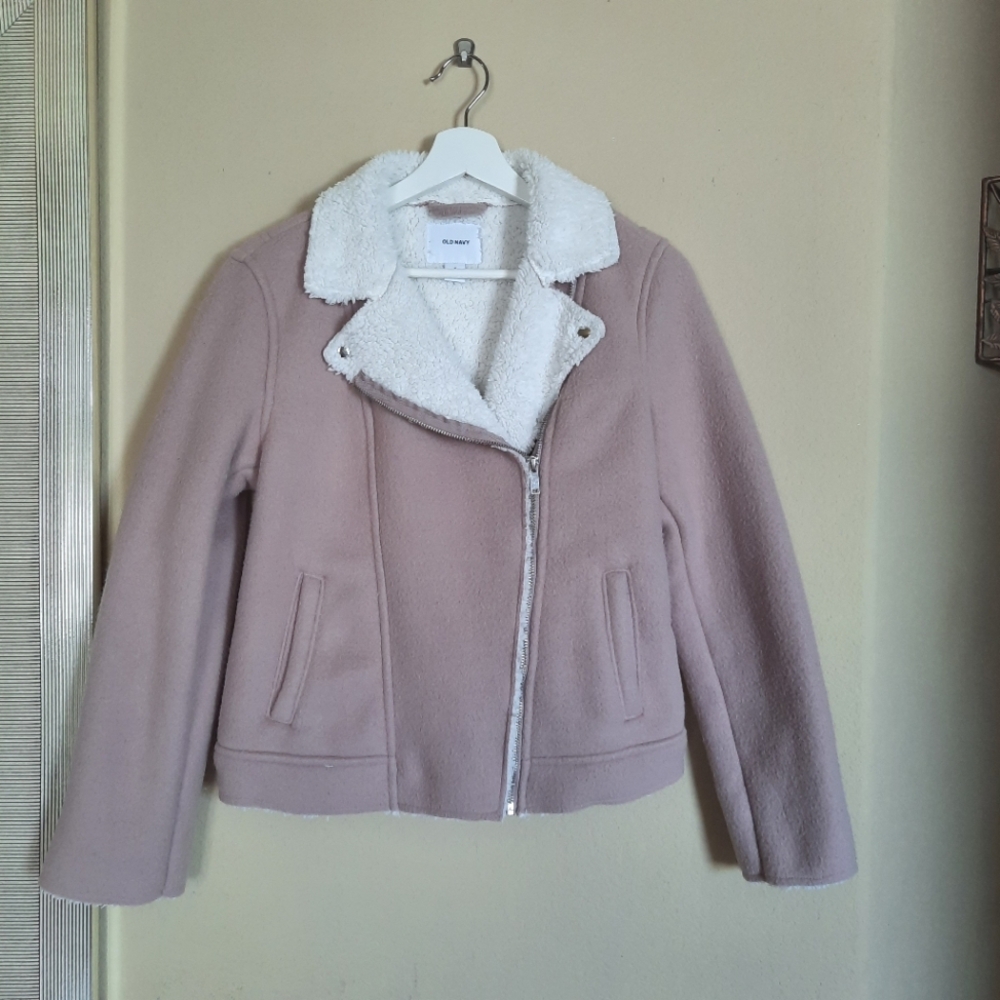 Dusty Pink Mauve Sherpa Fleece Moto Jacket Old Navy Zip Up Chic Cozy